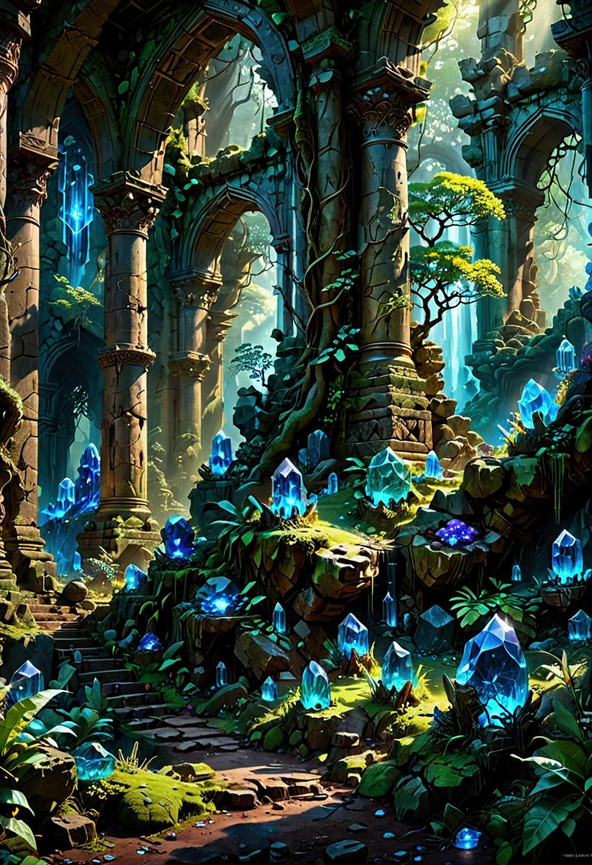 epic fantasy landscape, lush forest, ancient ruins, glowing blue crystal formations, mystical energy, dramatic lighting, cinematic composition, vibrant colors, hyper-realistic, 8K, (best quality,4k,8k,highres,masterpiece:1.2),ultra-detailed,(realistic,photorealistic,photo-realistic:1.37),highly detailed,intricate details,dramatic scene,awe-inspiring,breathtaking