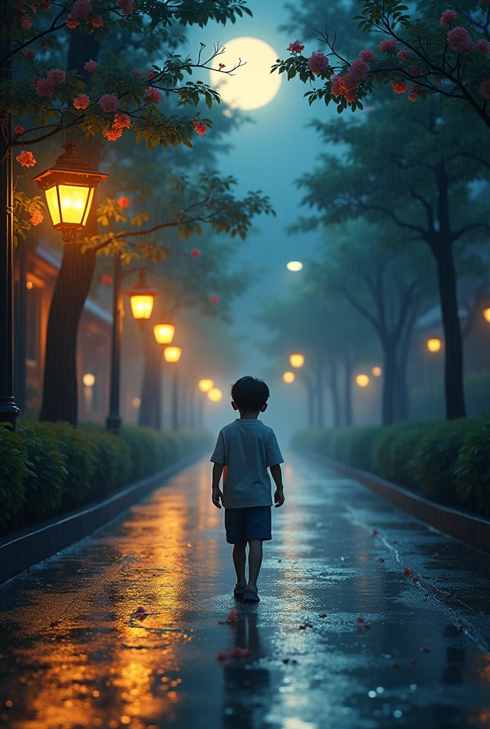 visual image or photograph,long shot photo,moonlit night ,walking in the rain.highlight the depth of field and quality, conveying a sense of happiness and a good life despite the rainy weather, young boy walk alone in street, lantern stree light, bathing in rain,tree flower in street line.