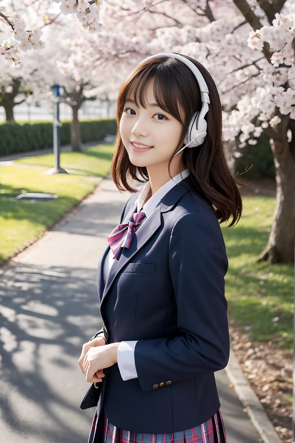 A beautiful Korean woman、A scene of a girl walking to school in a tight school uniform and listening to music。She has a charming smile、Keeping your gaze on us。The hairstyle and hair color are randomly set.、short hair、Long Hair、Long Wavy Hair、Bob Hair、Black Hair、Brown Hair、such as blonde、A wide variety of variations are possible。The background is the morning school route、Cherry blossom tree-lined path、Or set up in front of the school gates、The soft morning light gently embraces her。Wearing tight sailor suits and blazers that accentuate the lines of the body、Details include bows and ties.、Stylish yet clean look。She is enjoying music with stylish headphones.、Her relaxed appearance and seductive smile are in perfect harmony.。Focus on the woman&#39;s facial expression and pose、with her alluring smile and captivating eyes, should be depicted.。The overall atmosphere is、Morning Clearance々With、Something that exudes her charm and sexiness。