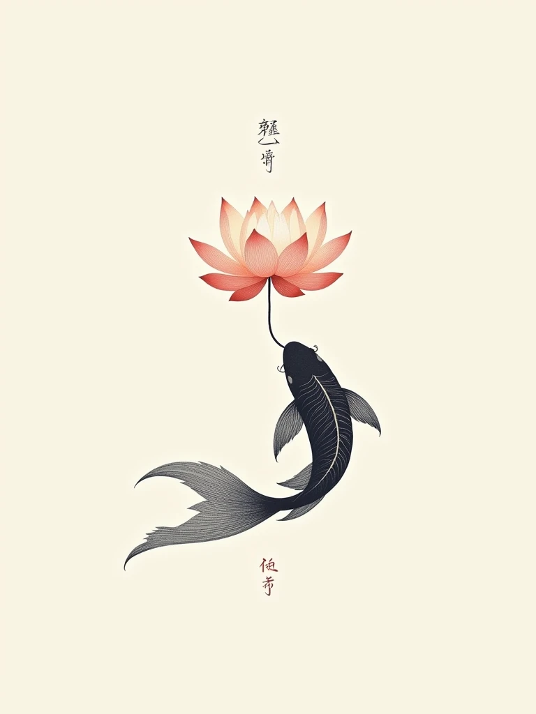 A minimalist Japanese-style design for a t-shirt, featuring a koi fish swimming gracefully beneath a floating lotus flower. The koi is depicted with fluid, elegant lines, and its scales are stylized with a modern touch. The lotus is delicate, with soft petals that seem to float effortlessly. The design is centered and balanced, with the koi and lotus forming a harmonious connection. No background, just the koi fish and lotus flower, creating a clean and refined t-shirt print.