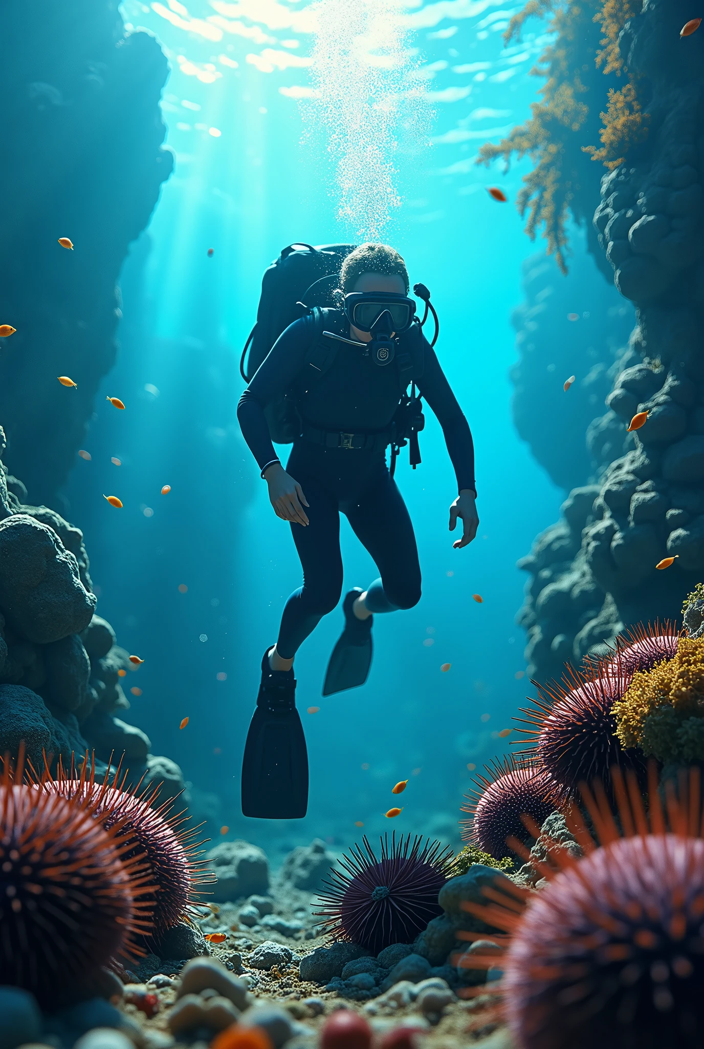 A diver is collecting sea urchins.