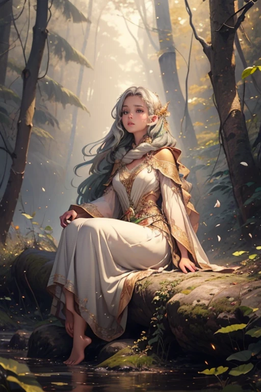 a girl, an elf, emerald hair with white strands, golden eyes, a sparkling silver dress made of petals, barefoot, sitting among the trees, with her arm raised, on which a golden bird is sitting, dragonflies