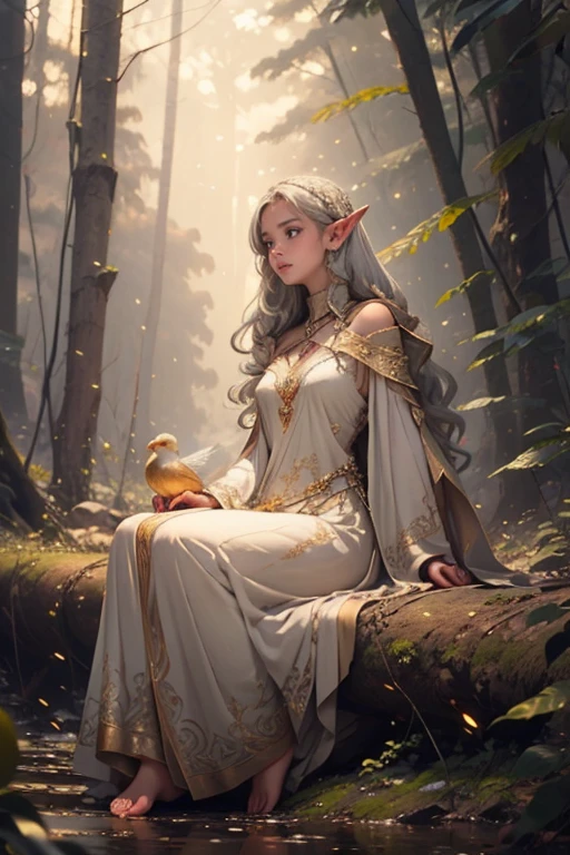 a girl, an elf, emerald hair with white strands, golden eyes, a sparkling silver dress made of petals, barefoot, sitting among the trees, with her arm raised, on which a golden bird is sitting, dragonflies
