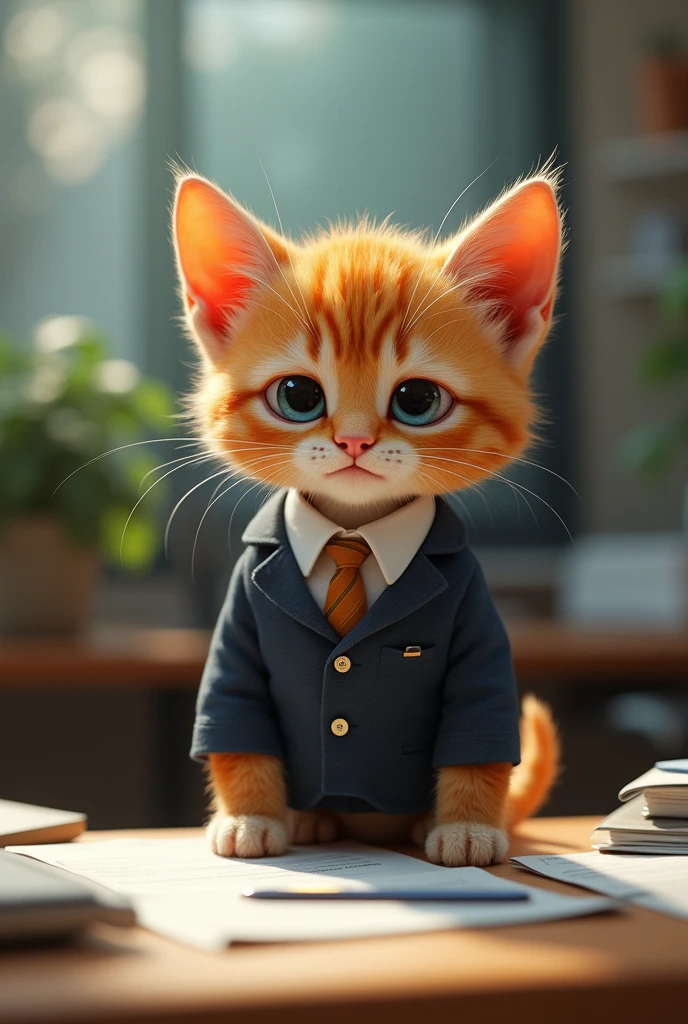 "Dressed in a business suit、Sitting at a messy desk in an office environment、Pixar-style AI cat depicted as a tiny, anxious kitten。 The kitten appears to be deeply anxious.、wrinkles between the eyebrows。