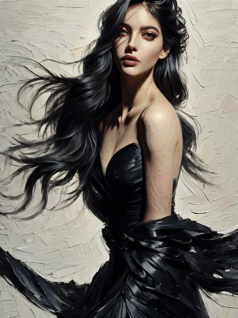 A beautiful woman in a serene rural landscape, long flowing black hair, wearing a deep breath pro-style dress with intriguing striped, striated rope, lines, filigree, chiaroscuro shadow, innovative lighting effects, dynamic movement, flirty and attractive expression, Vogue magazine-styled, breathtaking craftsmanship, magnific view, infinity aesthetic composition, coherence perspective, charmed and expressive, (best quality, 4k, 8k, highres, masterpiece:1.2), ultra-detailed, (realistic, photorealistic, photo-realistic:1.37), HDR, UHD, studio lighting, ultra-fine painting, sharp focus, physically-based rendering, extreme detail description, professional, vivid colors, bokeh, portrait, landscape, concept art