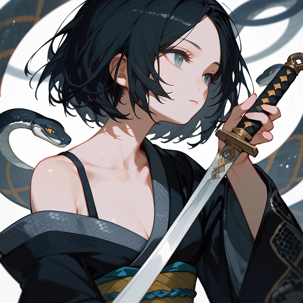 1 girl, Black Hair, iris, Off-the-shoulder kimono, beautiful_face, Black snake motif, Kimono with snake scale pattern, Solo Illustration, short hair, Black kimono, Holding a sword, Upper Body