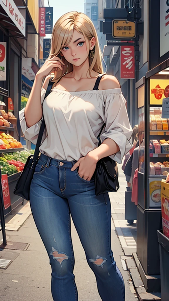 (masterpiece), best quality, expressive eyes, perfect face, Full body of A girl in a off shoulder shirt, jeans, shoping bag, eye level angle, Perfect body