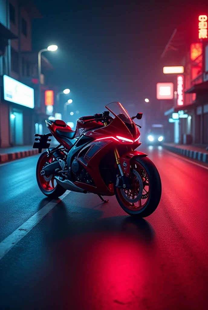 Rx 100 bike in india roads in night red and blue nion light