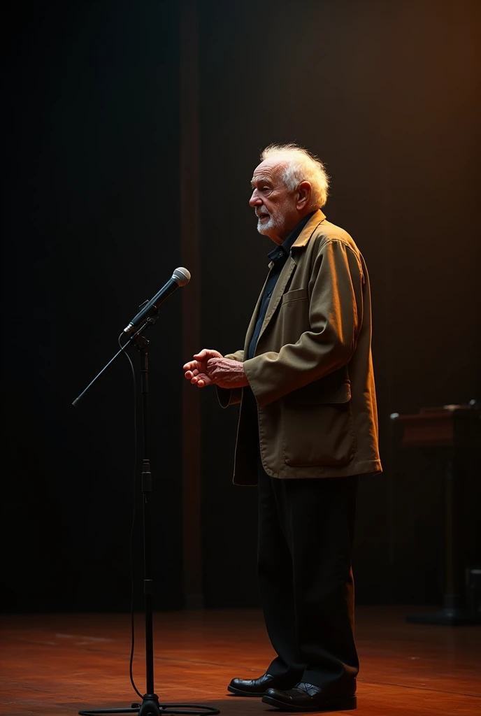 The young old man standing on stage and talking about himself 