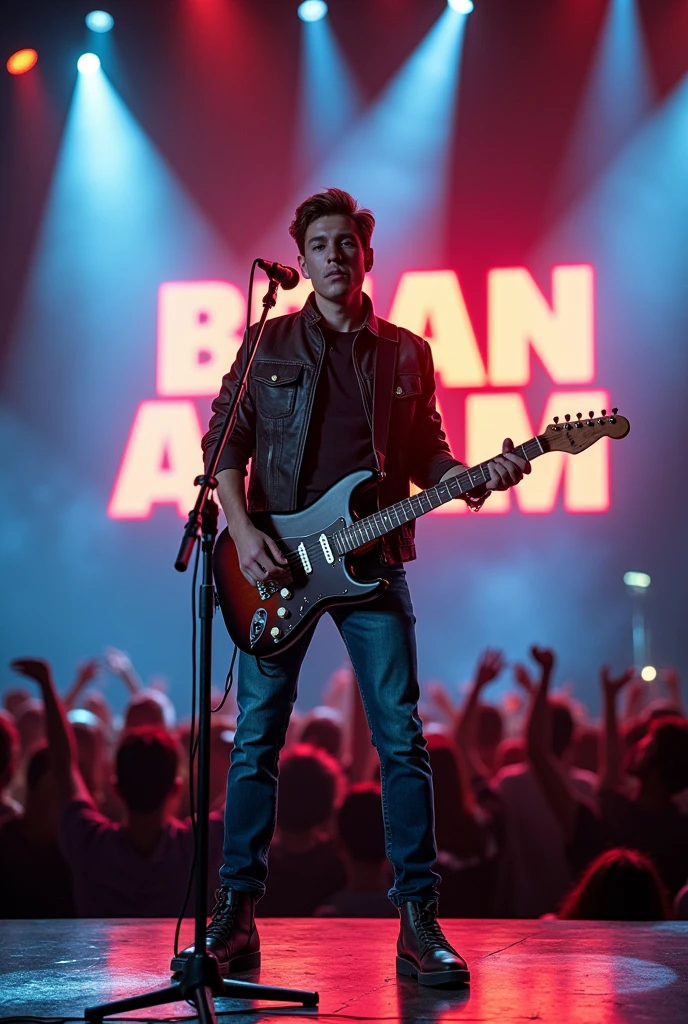 A young man, Brian Adam, stands confidently on a large stage holding an electric guitar and standing mic,He has a charismatic presence, dressed in casual rock attire with jeans and a leather jacket. The background features a large billboard with bold letters spelling "Brian Adam" in a vibrant font. The stage is lit with bright spotlights, and the audience is visible as a sea of excited faces. The atmosphere is electric, with a sense of anticipation and energy in the air.
