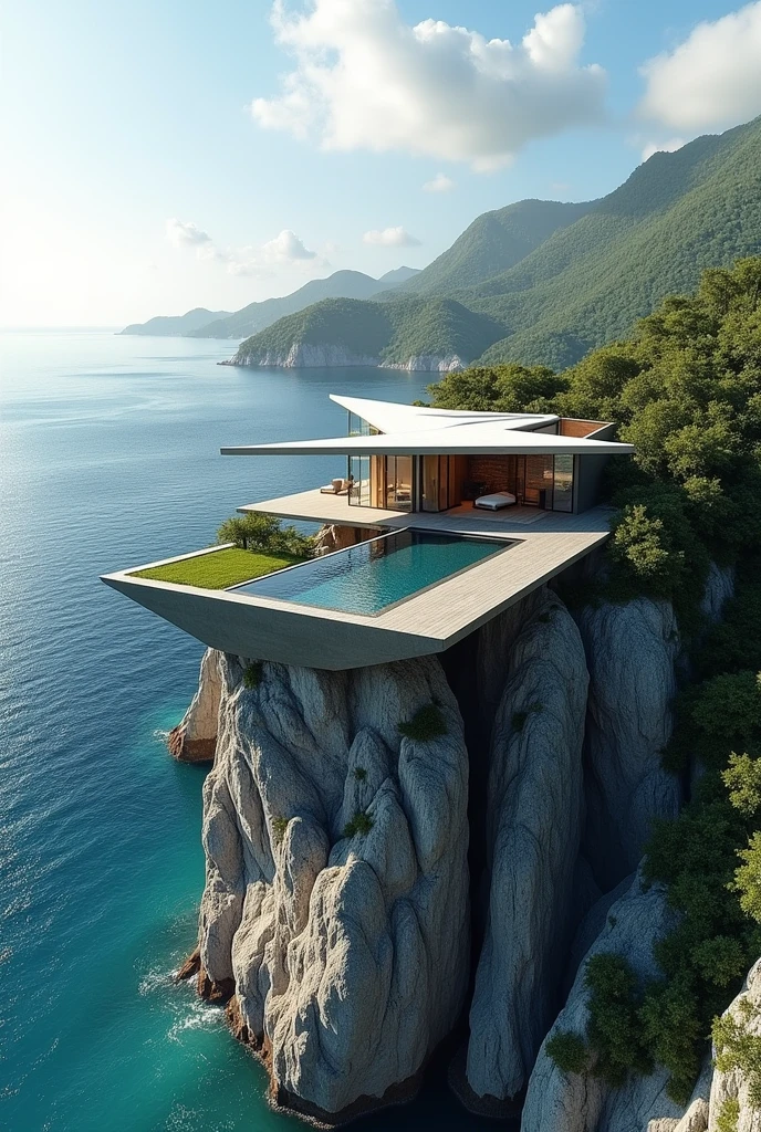 show me some ai generated pictures but with these set up imagination.
The house is more like taking place in a west Philippine sea but the house was placed on a cliff. The client who wants the house is a Geometric lawyer. Geometric means shape and the client wants to take advantage of the view of west Philippine sea and vistas which means far views. Then try to think of putting triangle roofs parag to serve slope for rainwater, to create artifical water fall and make the concept of design leverage just like archimedes. Also make the picture angel seeing almost the whole architecture of the house