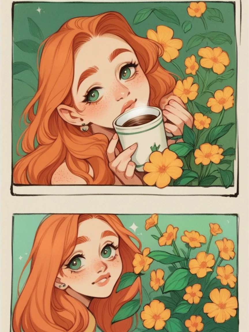 score_9, score_8_up, score_7_up, score_6_up, p4n3ls, 1girl, coffee, flowers, long hair, ginger hair, panels, soft girl, pintreast aesthetic