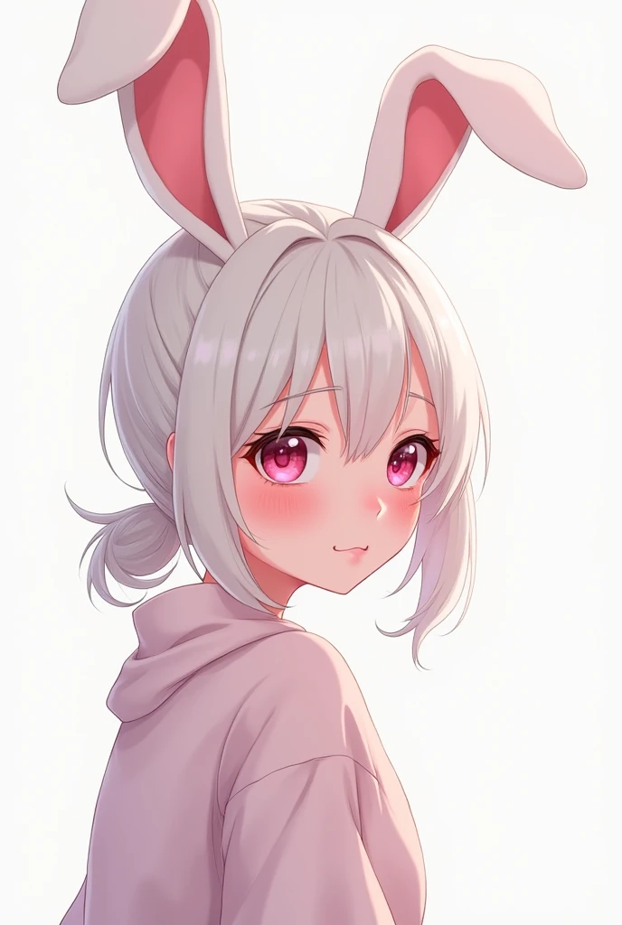 rabbit anime girl,pink eyes,ponytail hair style,white skin,side looking, smirk face
