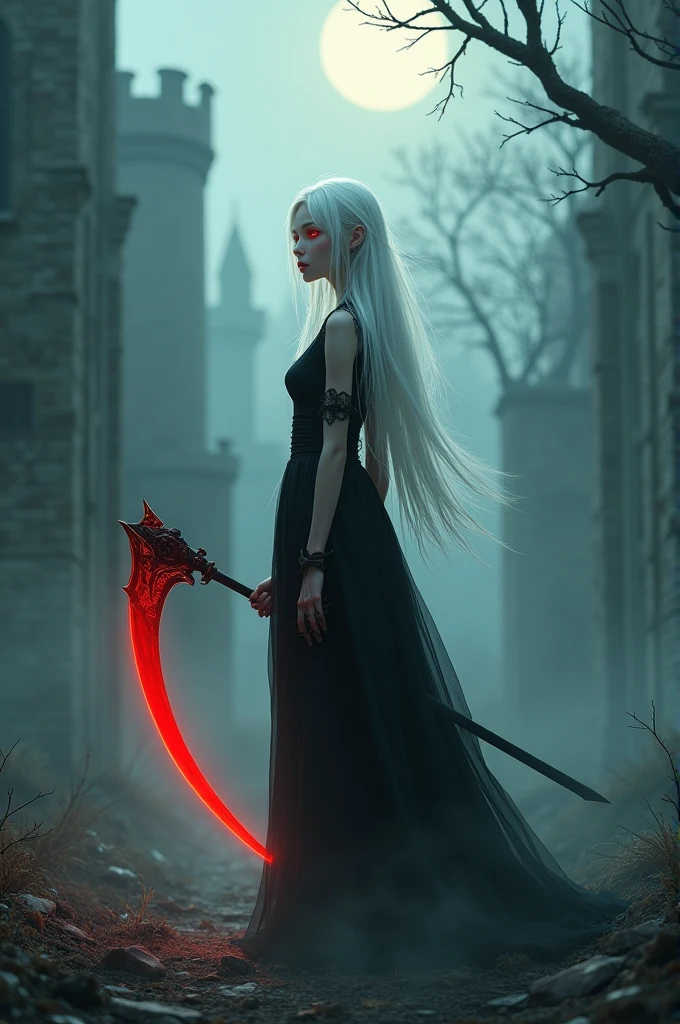 (1girl, solo, alone, Ninym, white hair, red eyes, hair ornament, small breasts, long hair, fitness)), ((solo, (1woman, pink lipstick), Extremely detailed, ambient soft lighting, 4k, perfect eyes, a perfect face, perfect lighting, a 1girl)), ((black dress, long dress, wielding a red scythe, abandoned castle, haunted castle, fog, mist, night, moon smells, dry trees))