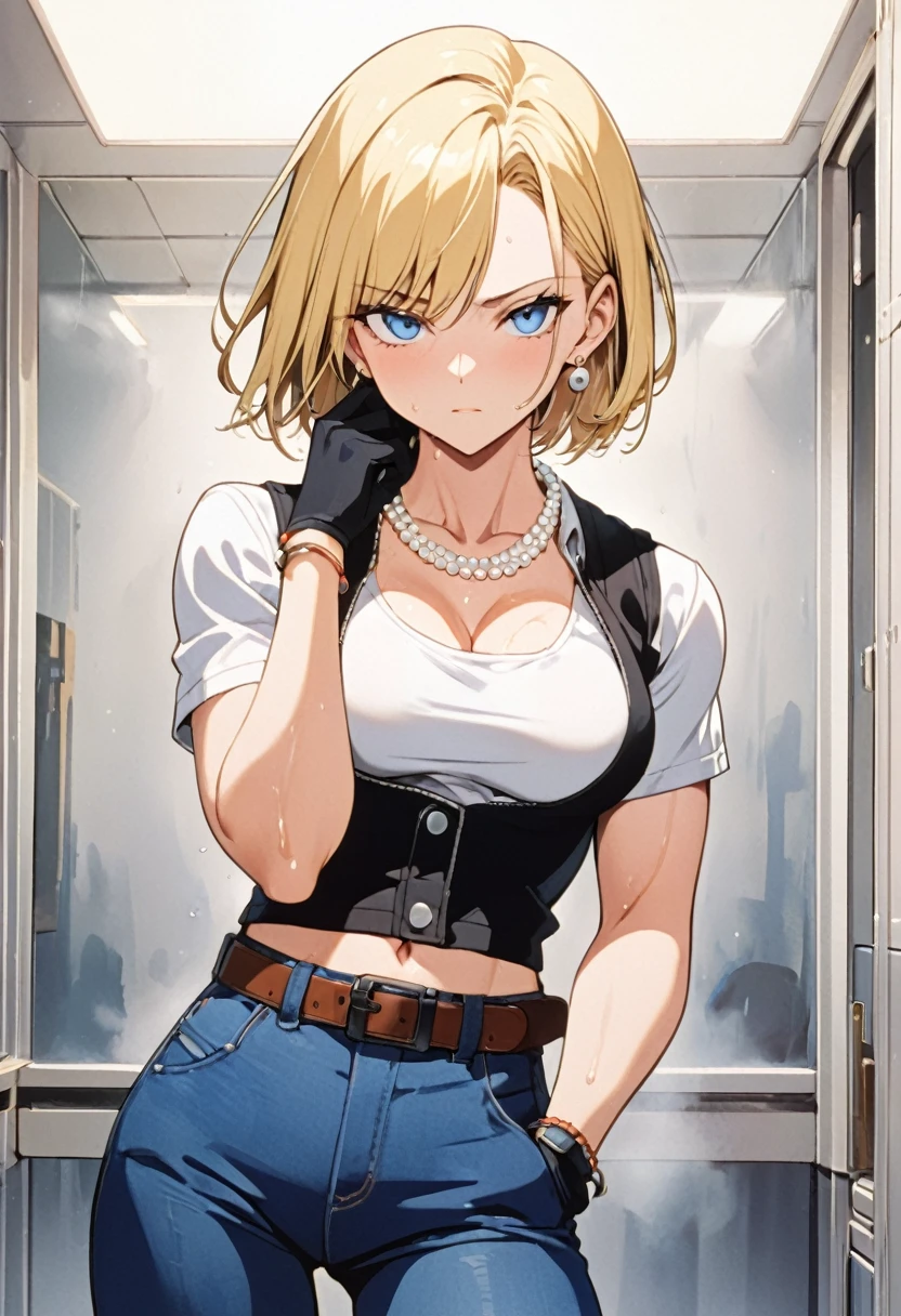 masterpiece, Highest quality, High resolution, (Artificial Human Room No. 18),1990s \(style\),(E-cup beautiful )、height: 170cm,Sweating all over the body、vapor、Muscular、(sexy)、(w),M-shaped legs,Sweaty、Composition from the front、独奏,Anime-style painting style, blonde hair, Blue eyes, belt, jeans, pearl_necklace, bracelet, black gloves, white shirt, short hair, short sleeves, earrings, blue pants, open vest, black vest,middle breasts,exnless、Composition focusing on the upper body,(Cool face)、Pointed eyes
