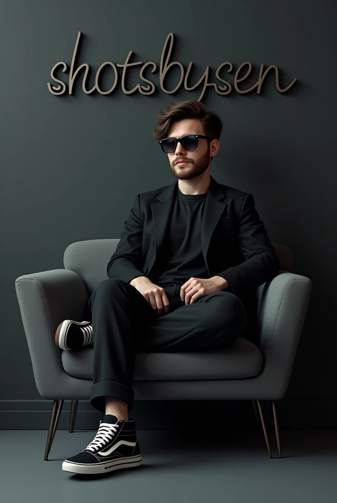 A teenager 2 boy, chubby body habitus , beard,   classic student hair, sunglasses black, writing a black formal shirt and black blazer is sitting on a sofa with one leg up a pair of black and write lace sneakers sitting on a small gray color single sofa dark wall behind light white light shadow coming name written on the wall with capital letters slightly curved 3D text ."SHOTSBYSEN"