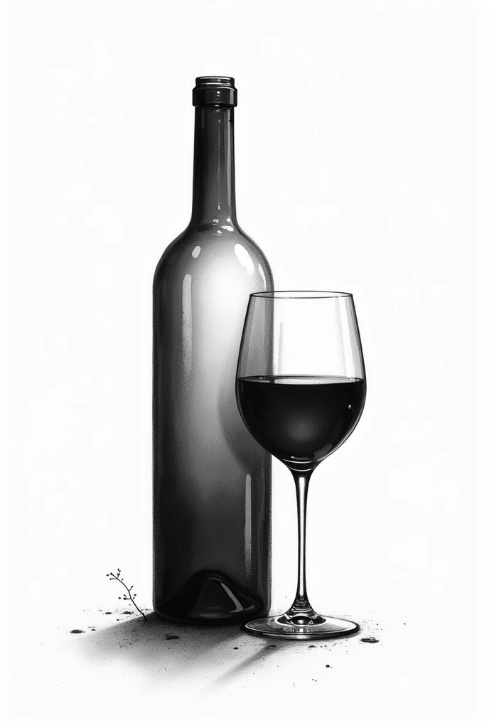wine bottle and glass fading together, black and white line drawing