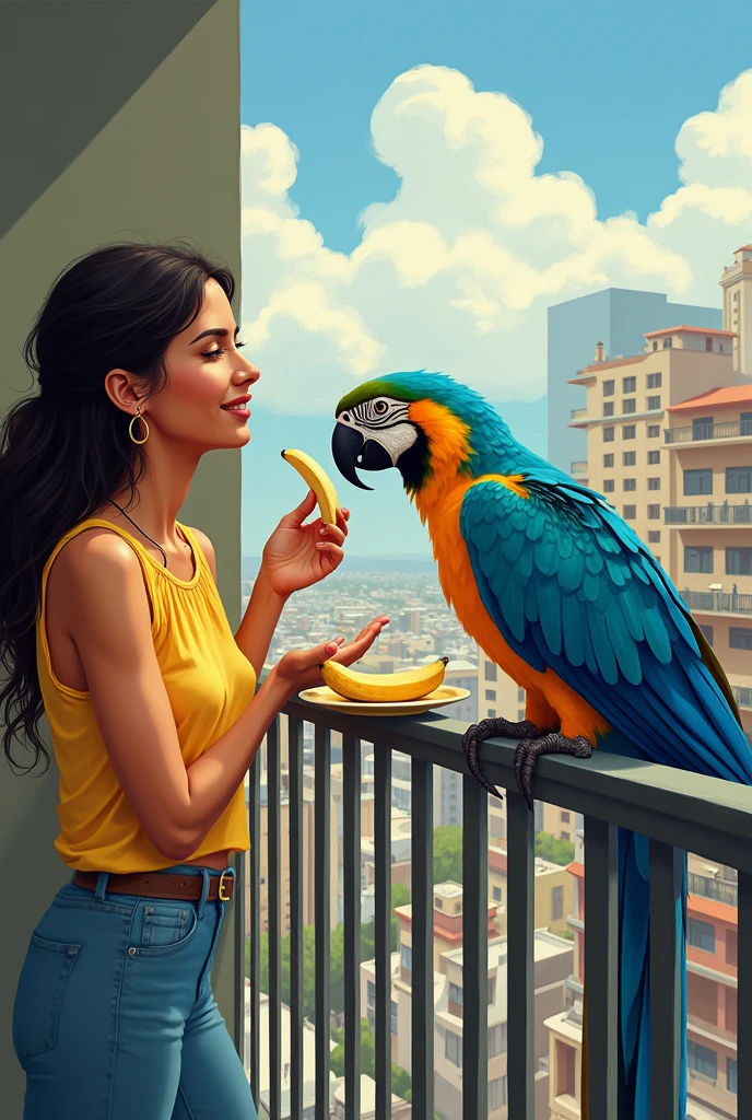 Create an artistic style illustration of a woman feeding bananas from her balcony in a high-rise apartment in Caracas to several blue-and-yellow macaws.