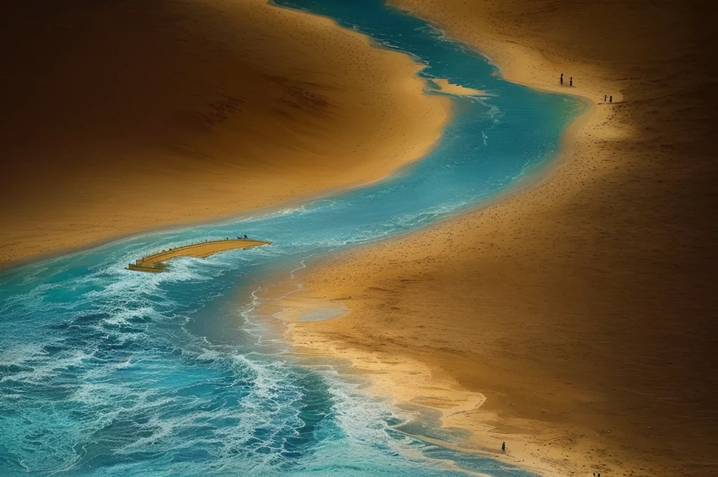 People walking on the beach with umbrellas, Amazing depth, Photoshop water art, Twisted waterway, 令人惊叹的number, Hyperrealistic water art, Abstract Photography, Inspiring aerial view, vibrant water river, Nonlinear. number, trip, Top-down photos, Aerial View, Wohe River, Inspired by Raoul de Cather