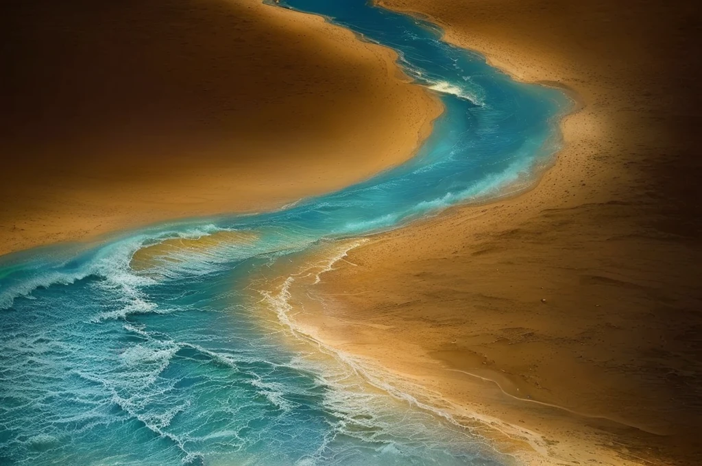 People walking on the beach with umbrellas, Amazing depth, Photoshop water art, Twisted waterway, 令人惊叹的number, Hyperrealistic water art, Abstract Photography, Inspiring aerial view, vibrant water river, Nonlinear. number, trip, Top-down photos, Aerial View, Wohe River, Inspired by Raoul de Cather