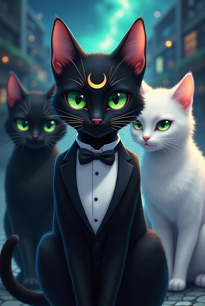 Un chat tuxedo aux yeux verts avec une lune sur le front. Avec luna et Artemis de sailor moon.