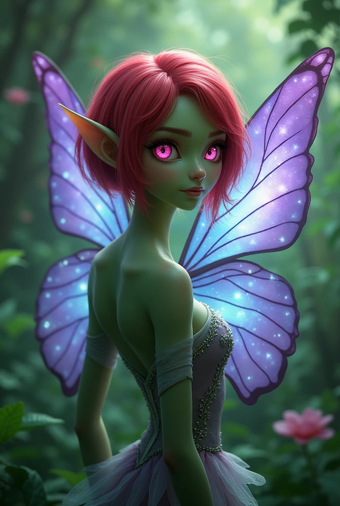 Magical fantasy creature
Fairy
Greenish skinned woman with very bright pink eyes, short bright blood red hair
Translucent butterfly wings with purple and blue colors