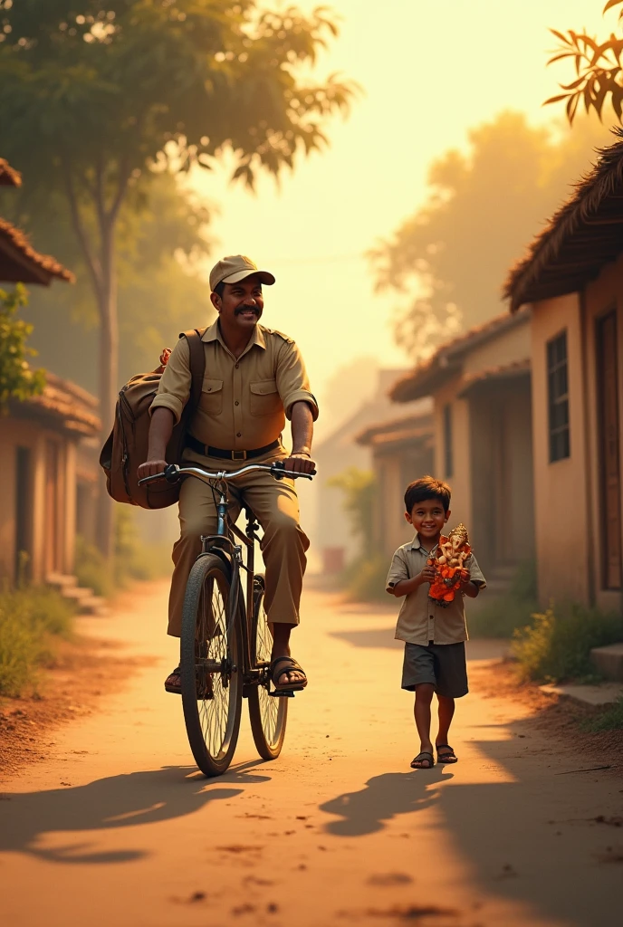 Create an Indian village scene set in the 1960s. A , around , is happily following a postman riding a bicycle on a dusty village road. The boy is carefully holding a handmade Ganesha idol in his hands, walking with excitement and curiosity. The postman is dressed in a khaki uniform typical of the era, with a cap and a mailbag slung over his shoulder. The village backdrop features simple, rustic houses with thatched roofs, trees lining the path, and a soft, warm sunset glow, evoking a sense of nostalgia and tradition."