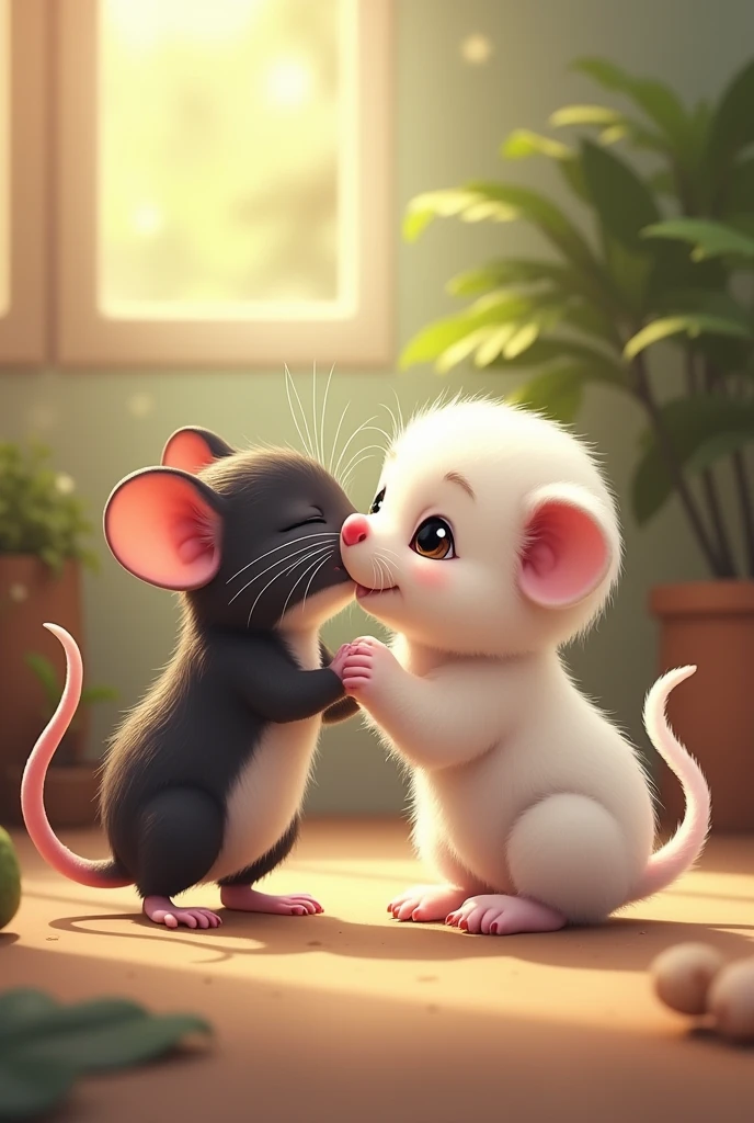 Rat kissing to the white cute puppy 
