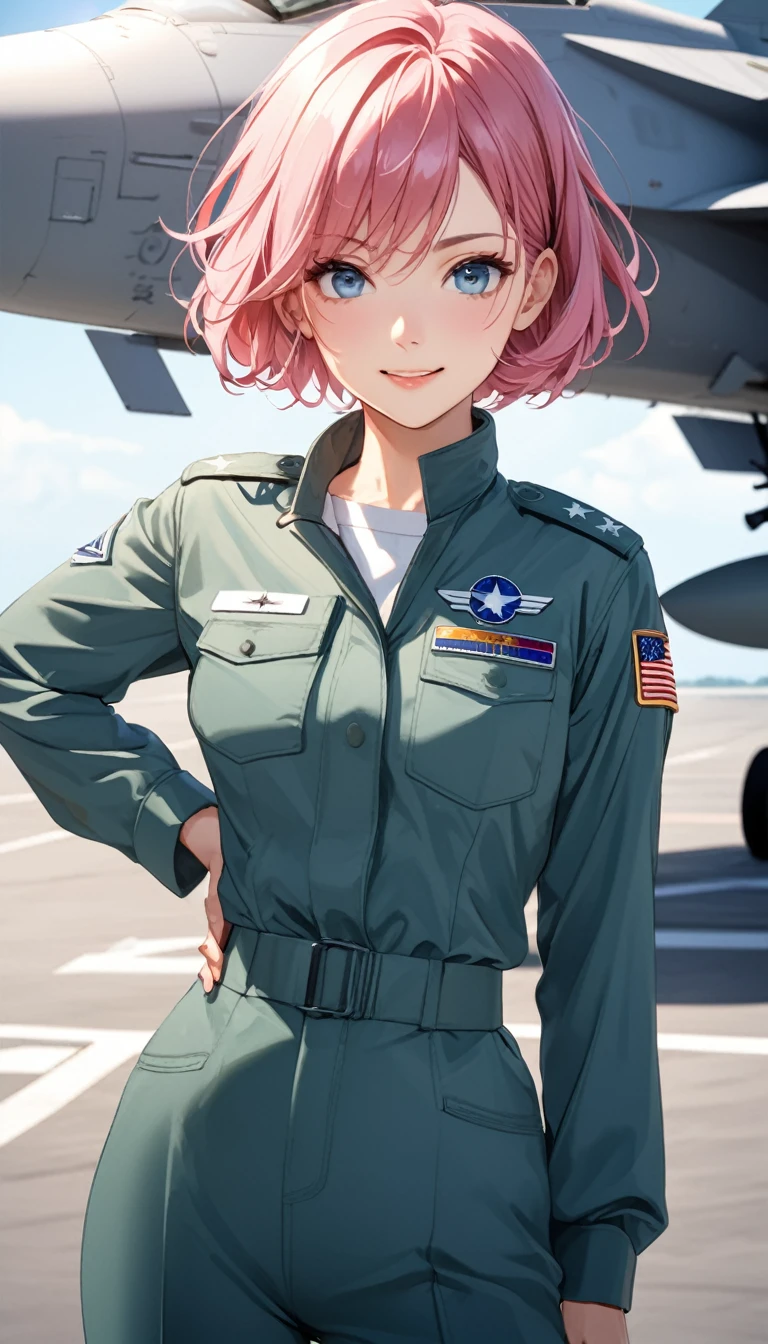 独奏, cowboy shot, hot pink hair, very short hair、a girl、24-years-old、Best Bust、Mid-chest、Beautiful Eyes、Blue Eyes, masterpiece, High resolution、8K quality、Anime Style、Cute face、((Top quality eyes)), Natural smile、Green US Air Force military suit, Natural light, On the aircraft carrier、F-18 military air force base background aircraft, Model Pose, Lens flare