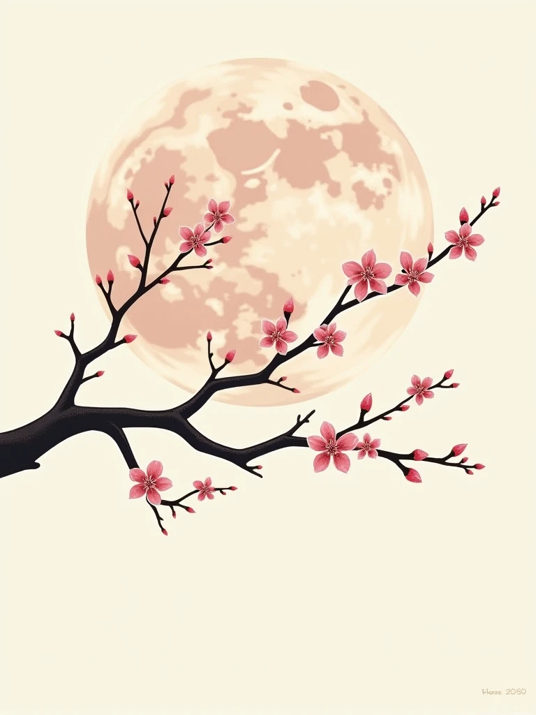 A minimalist Japanese-style design for a t-shirt, featuring a delicate branch of a plum blossom (ume) tree in full bloom, with flowers and buds extending gracefully across the design. A large, soft moon is positioned behind the branch, creating a serene night scene. The flowers are rendered with a modern, stylized approach, and the moon is subtly textured. The overall composition is calm and balanced, with no background, focusing on the blossoms and moon for a peaceful t-shirt design.