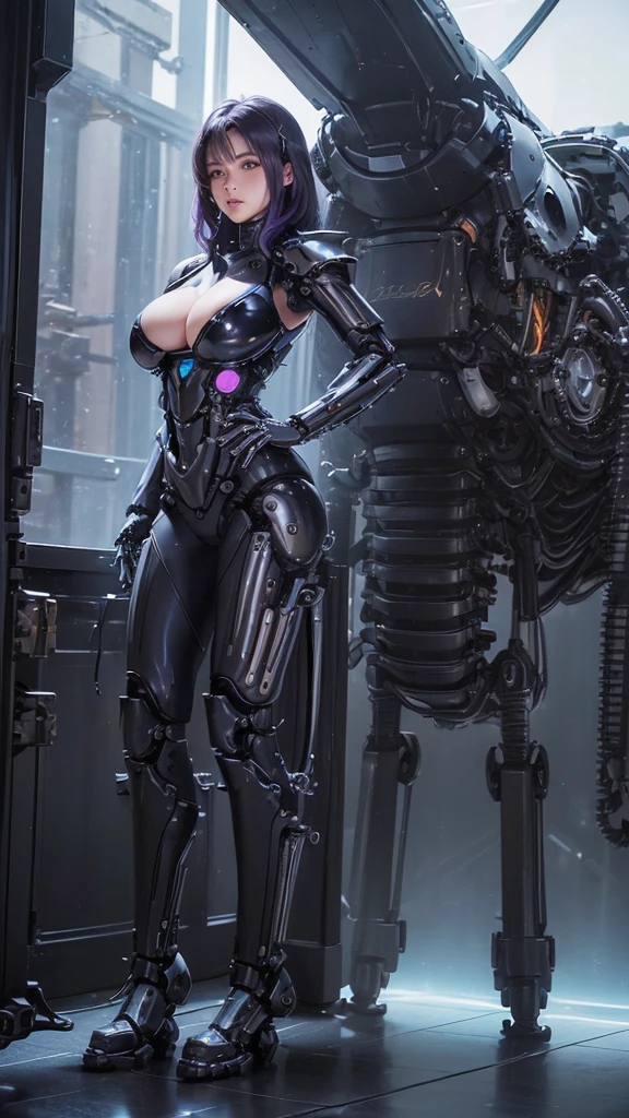 (Full body photo:2), (One/woman/Mechanic:1.8), (Very large breasts:1.8), (all Mechanical body:2), (With bionic armor:1.5), Black gear on white, (She was in the spaceship near the window、Gazing into space:1.5), (She has very short straight purple hair.:1.2), (blue eyes:1.2), (Moaning:1.5), (blush:1.5), (She is posing sensually for the viewer:1.5), animeスタイル, anime, 16K, high quality, Textured skin, Ultra-high resolution, Award-winning
