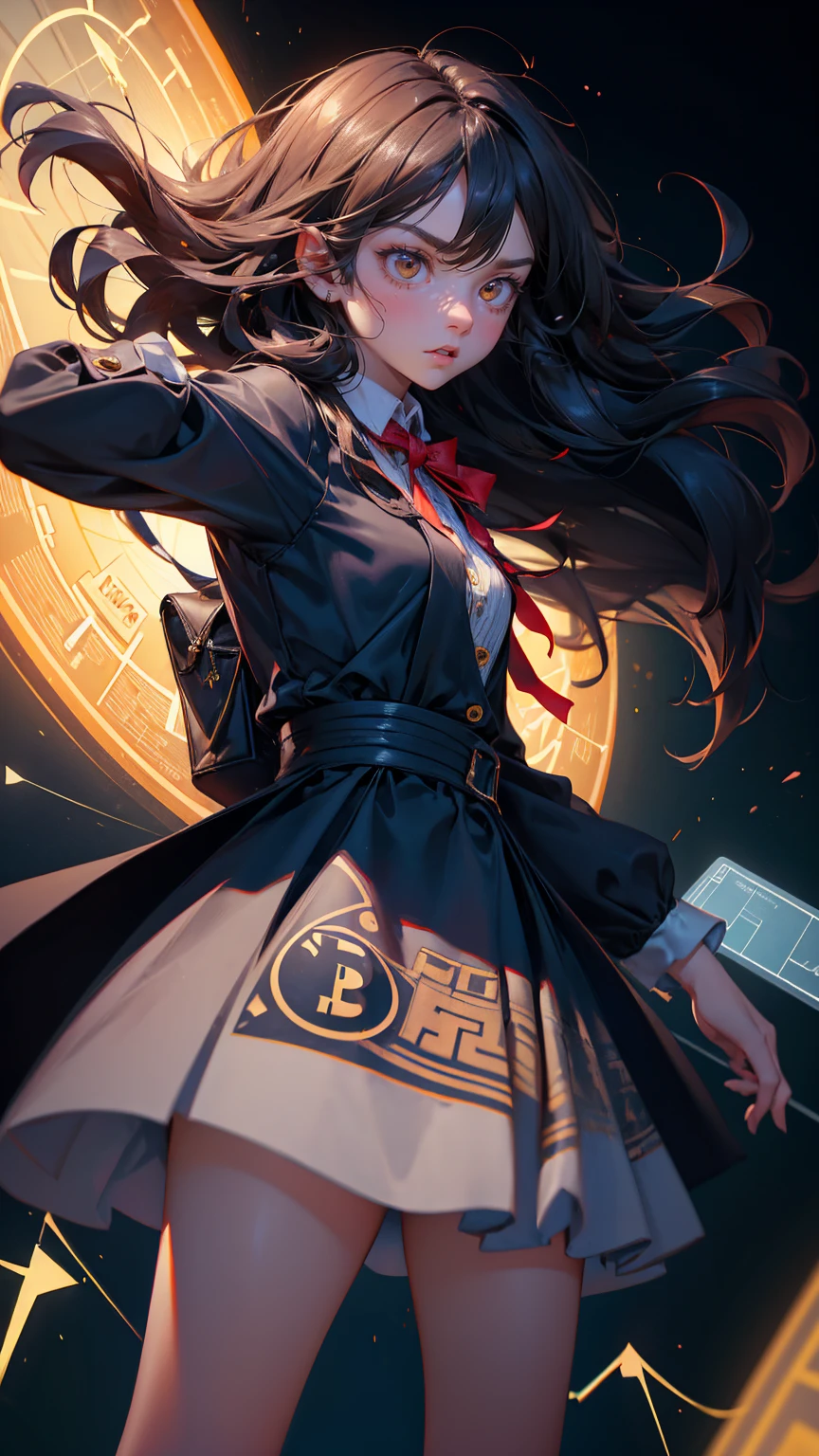 A beautiful, cute girl with a shocked and frightened expression, standing in front of a chaotic financial chart background showing fluctuating stock prices. She has long hair and is wearing a stylish yet casual dress with Bitcoin symbols hanging as accessories. Around her, large, intimidating hands reach for floating Bitcoins, a roaring bear with sharp claws threatens from one side, and an owl wearing a suit points at a chalkboard with financial graphs. The atmosphere is tense, filled with a sense of fear and urgency, as the girl looks overwhelmed by the intense financial turmoil around her, focuses on bg