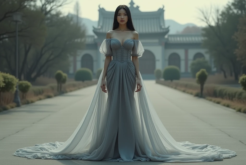 Asian woman wrapped in a transparent grey cloth mimicking a mermaid gown with a striking long train, puff sleeve, wear corset, the cloth clings tightly to her figure, long black straight hair, standing with poise, see through whole body, half naked, nipple on, dramatic lighting, volumetric textures, very long cloth, outdoor, ultra realistic, golden ratio.