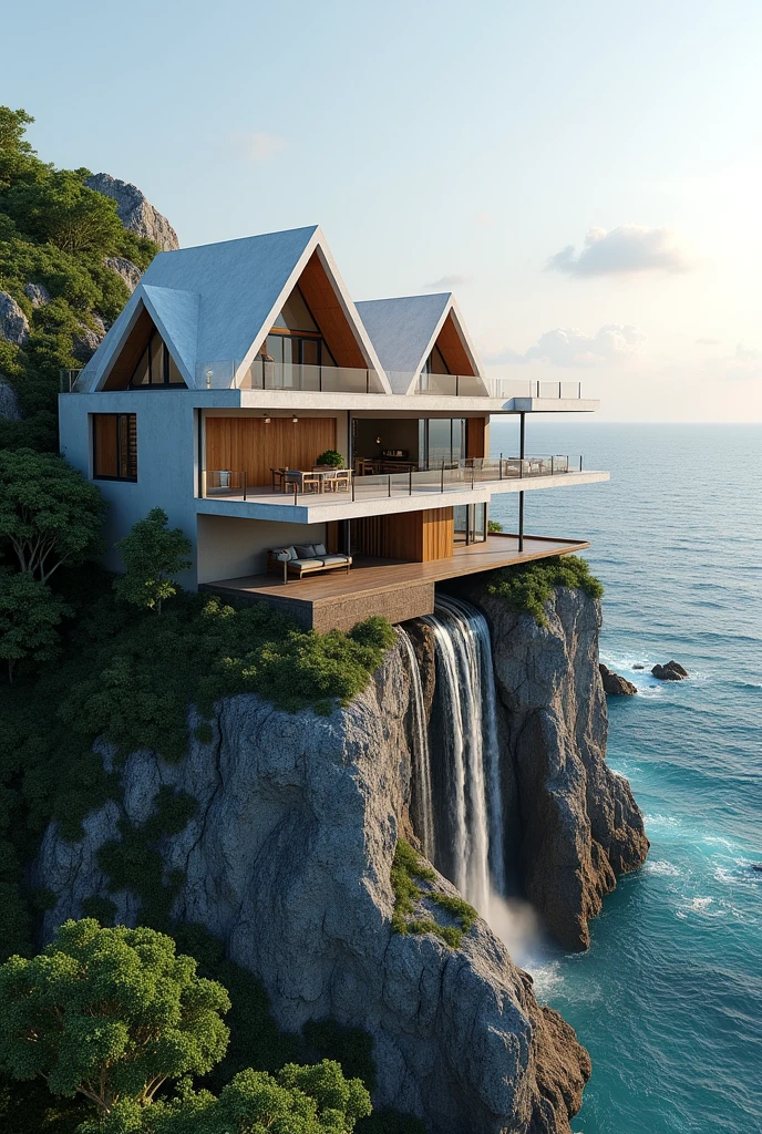 show me some ai generated pictures but with these set up imagination.
The house is more like taking place in a west Philippine sea but the house was placed on a cliff. The client who wants the house is a Geometric lawyer. Geometric means shape and the client wants to take advantage of the view of west Philippine sea and vistas which means far views. Then try to think of putting triangle roofs parag to serve slope for rainwater, to create artifical water fall and make the concept of design leverage just like archimedes. Also make the picture angel seeing almost the whole architecture of the house