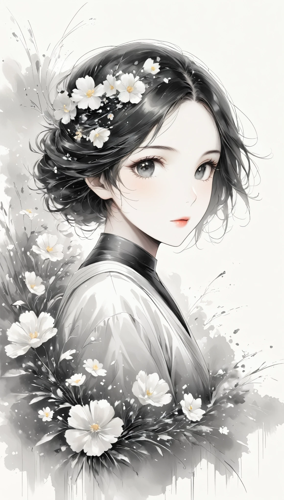 Beautiful young woman with delicate Oriental features (Graphite line drawing :1.5)，(black and white painting:1.45)，minimalism，(line art:1.6)，outline，Charcoal drawing，mask，flowers, with paint splattering around with paint dripping down the bottom, innovative enhanced artwork rich in detail