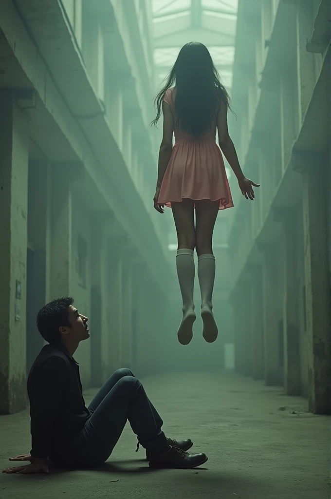 Scene of female student wearing white thigh high socks hanging herself to death , short pink dress, hovering in the air , a man sitting on the ground in panic