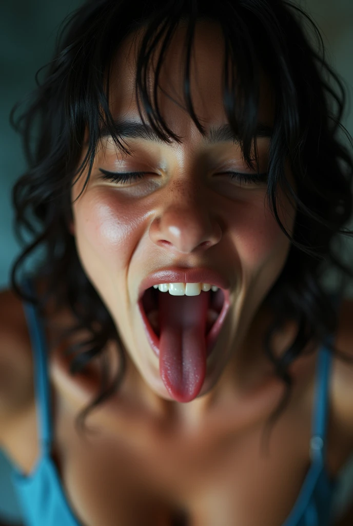 Tabletop,,Award-winning photo, Very detailed, Sharp focus on the eyes, Nose and mouth,Face Focus, Woman with open mouth and closed eyes, blue camisole、Age 35,Black-haired、Symmetrical face,Realistic nostrils、Angle from below,,Sweaty skin、Lighting that highlights sweaty skin、((Nose hook))Skin shiny with sweat、Glowing Skin、Sweaty hair,Beautiful Japanese actresses,smile,(Super wet skin)((Super Steam))((ahegao,,Sticking out tongue,Long Tongue,))((Realistic eyelashes with attention to detail))((ahegao, Drooling, traces of saliva, Long Tongue, Face to face, Textured skin, Anatomically correct, Ultra-high resolution,))Thick tongue,Realistic moist skin , extreme big boobs and ass