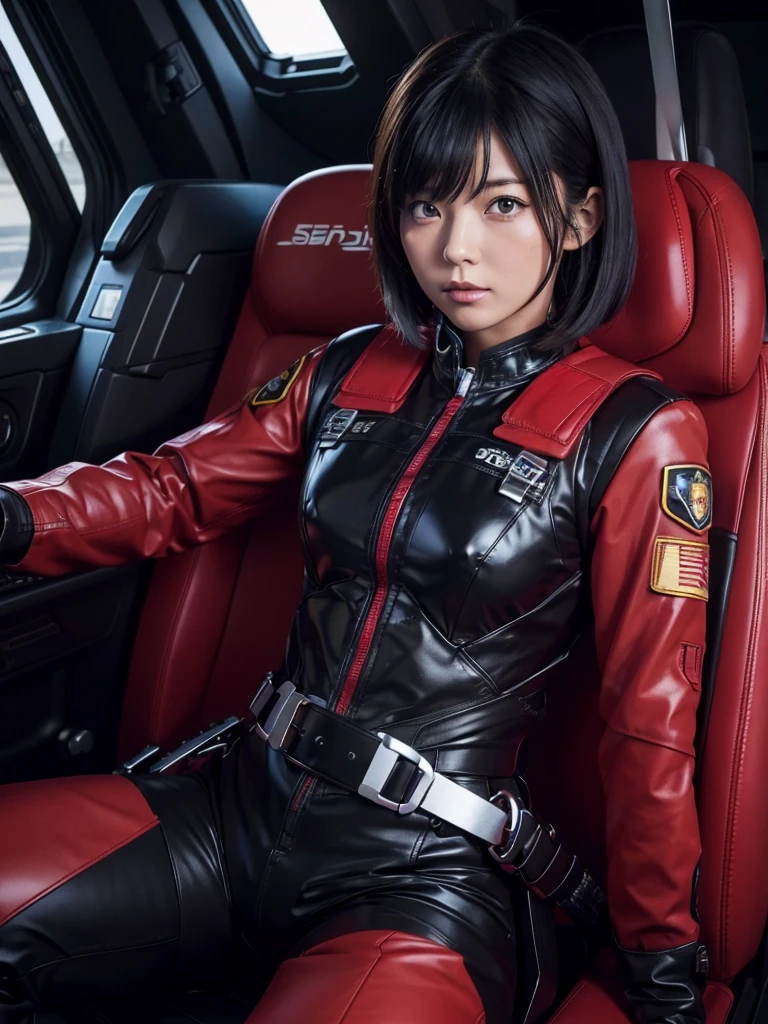 Japanese Sentai heroine,Black Hair,The spaceship's cockpit,Fully secured in the seat by a harness,Black and red skin-tight combat uniform,