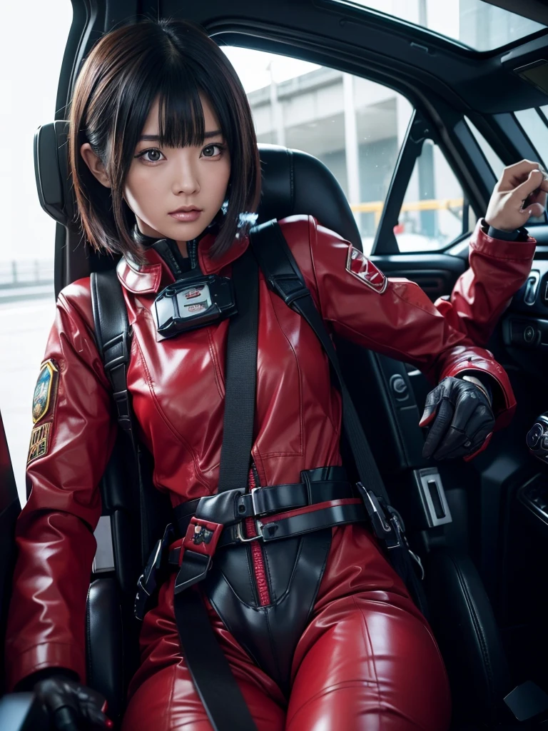 Japanese Sentai heroine,Black Hair,The spaceship's cockpit,Fully secured in the seat by a harness,Black and red skin-tight combat uniform,