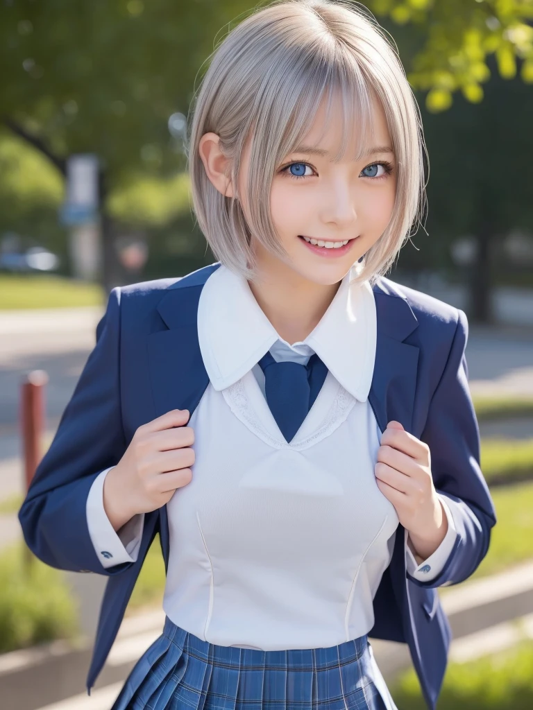 Browsing Caution,Photorealistic One Girl,Very detailedかわいい顔,Short Hair,Natural platinum silver hair,Bright big blue eyes,Droopy eyes,smile,Nordic beauty,high quality,最high quality,8k,Ultra-realistic,Very detailed,High resolution,High resolution修正,Masterpiece,(School uniforms:1.5),(Sexual climax:1.5)