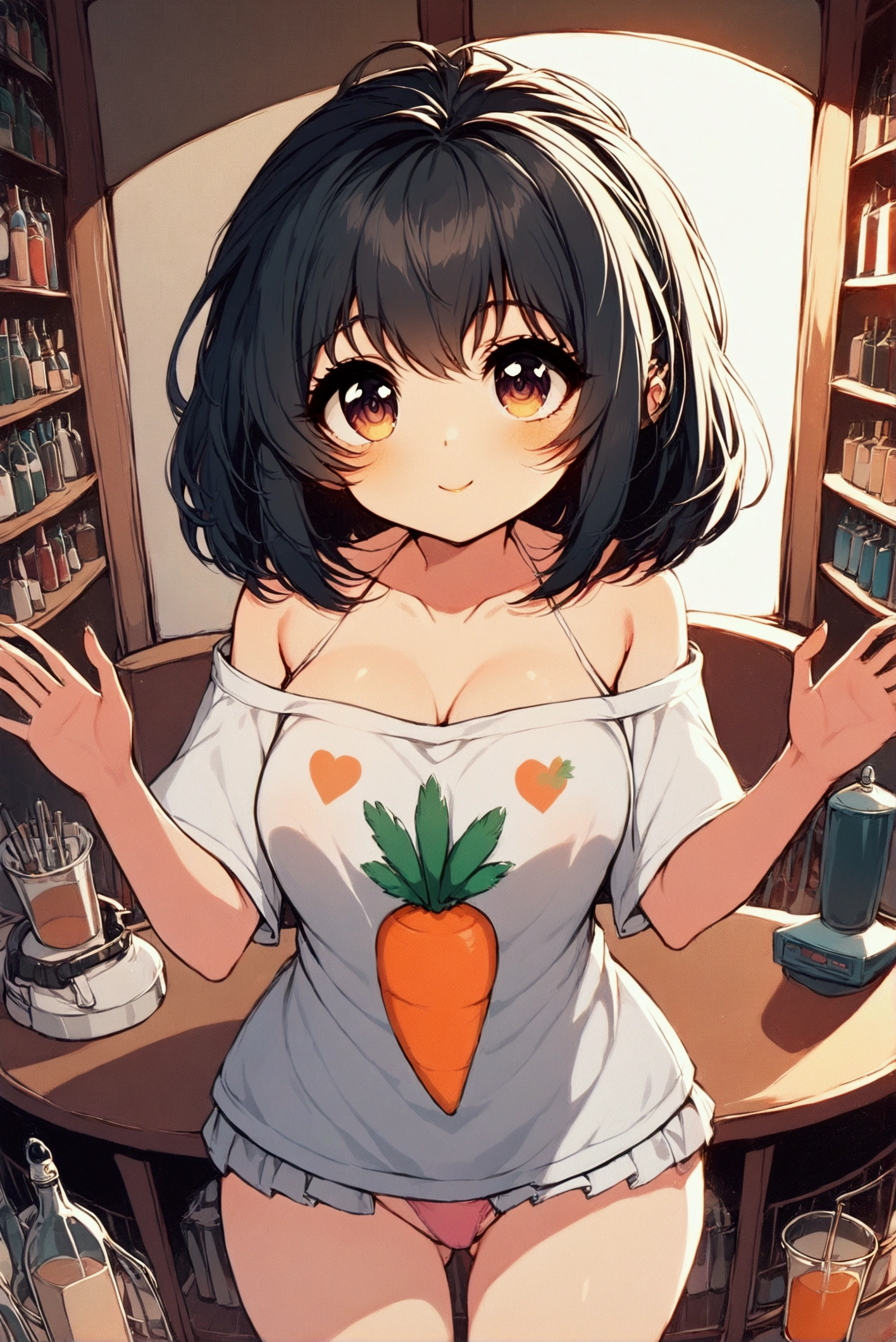 1 girl，Squat，Large off-shoulder T-shirt，White clothes with carrot pattern printed on them NSFW,Pink ribbon panties，Open hands，black hair，Bob&#39;s short hair reaches shoulders，Expression smile，Tilt your head，open mouth，Short skirt。looking at the front。