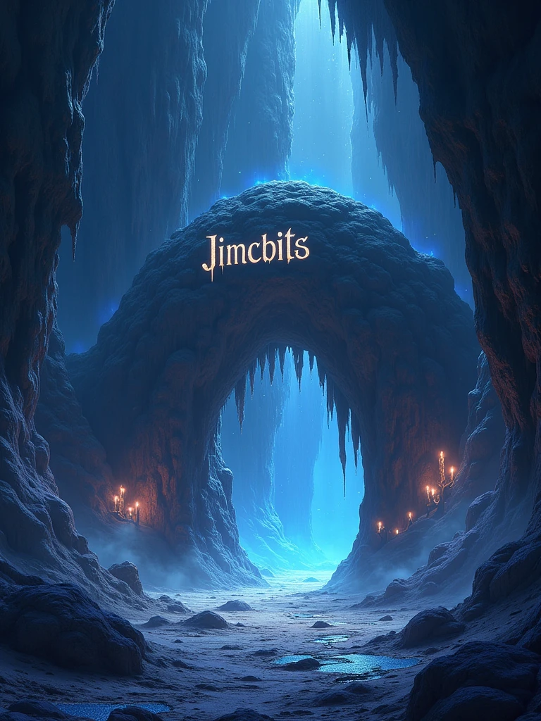 **Prompt:** *Create a mystical cave scene labeled "Roncador" at the entrance. The cave is large and mysterious, with towering stalactites and stalagmites illuminated by an ethereal glow. The word "Jimbits" is carved into the rock above the entrance in ancient, glowing script. Inside, the cave is filled with shimmering crystals that emit soft light, casting reflections on the walls. Wisps of mist float through the air, adding to the enigmatic atmosphere. The cave should feel ancient and magical, with deep shadows and a palette of dark blues, purples, and glowing whites to enhance the mystical ambiance.