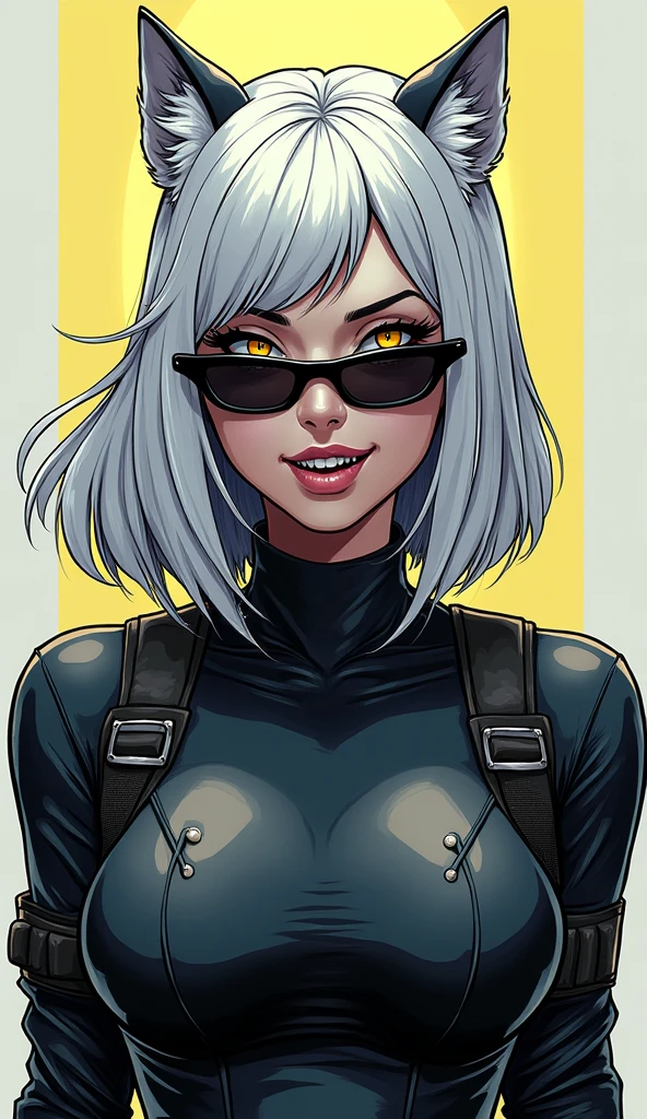 women, Medium hair, White hair, hair over the shoulder, wolfcut hairstyle, yellow eyes, smile, open mouth, Fangs, slit pupils, side-shields sunglasses, big breasts, vibranium claws, tactical clothing, Very detailed, high quality, simple background, looking at the viewer, showing her vibranium claws, anatomically correct, High resolution, character design, full body, comic style art