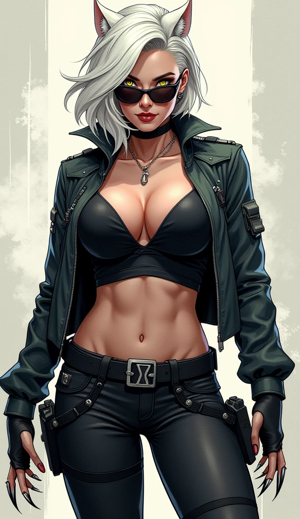 women, Medium hair, White hair, hair over the shoulder, wolfcut hairstyle, yellow eyes, smile, open mouth, Fangs, slit pupils, side-shields sunglasses, big breasts, vibranium claws, tactical clothing, Very detailed, high quality, simple background, looking at the viewer, showing her vibranium claws, anatomically correct, High resolution, character design, full body, comic style art