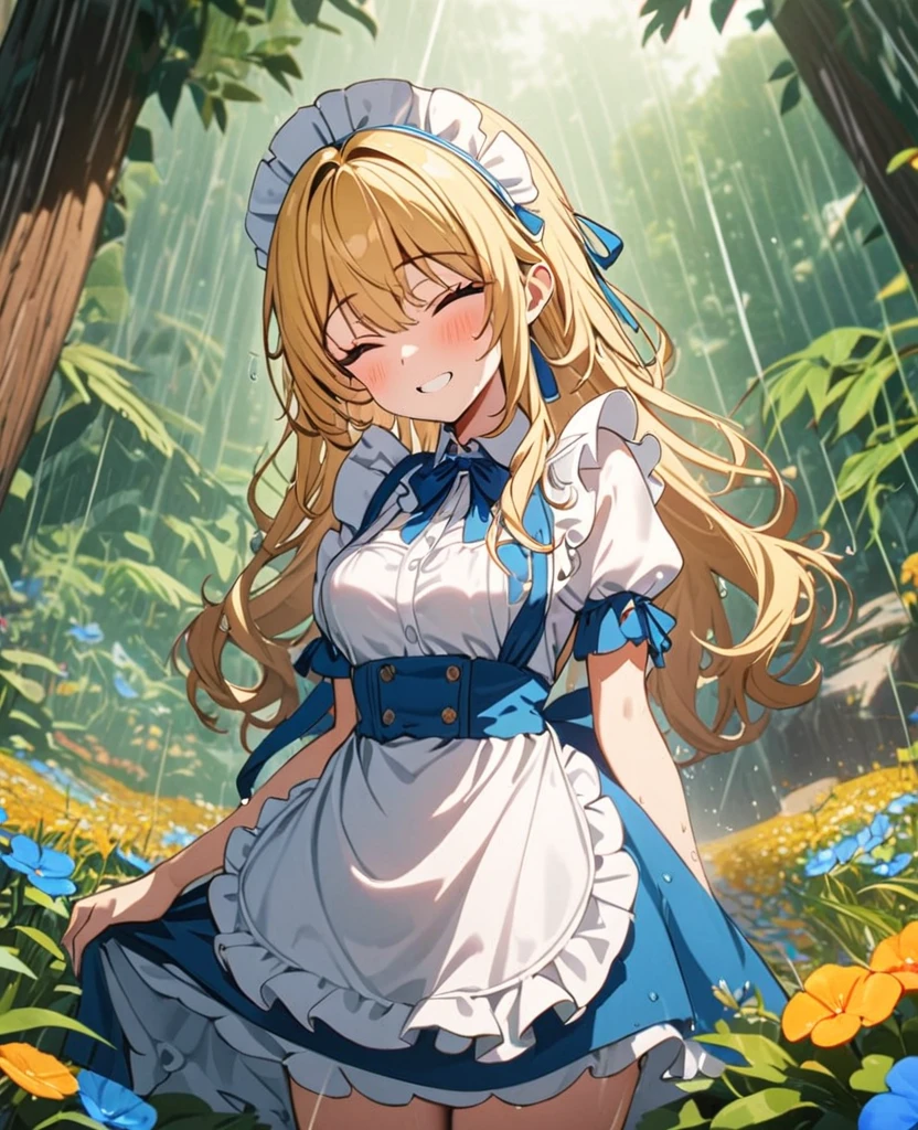 (8k, super high quality, masterpiece), (detailed), One Woman, Small breasts, blonde, cute, A little longer, Blue ribbon, Apron dress, Maid clothes, Blue ribbon, gilded accents, Fantasy, Paradise, wood, Flower Field, rain, 天気rain, sunny, soaked, Date, Childlike, The best smile, Mouth is open, Eyes closed,