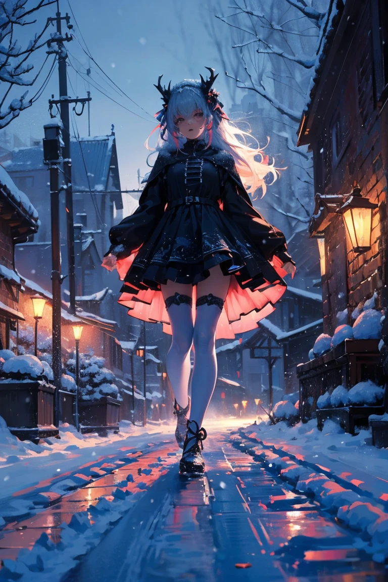 uhd, textured skin, good quality, High details, masterpiece, best quality, high detail face, (Amazingly absurd:1.2), (masterpiece:1.2), fluffy, 1 Girl, Dragon ears, Dress with ruffles, glowing eyes, shining hair , Whole body love, very long hair, hair ribbon, black kneesocks, full body, Kawaiitech, soft colours, Kawaii, Beautiful colors, (Snow:1.5), (Wet:1), (Night:2), (Landscape:2),