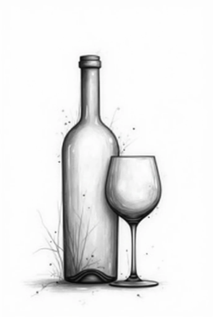 wine bottle and glass fading together, black and white line drawing