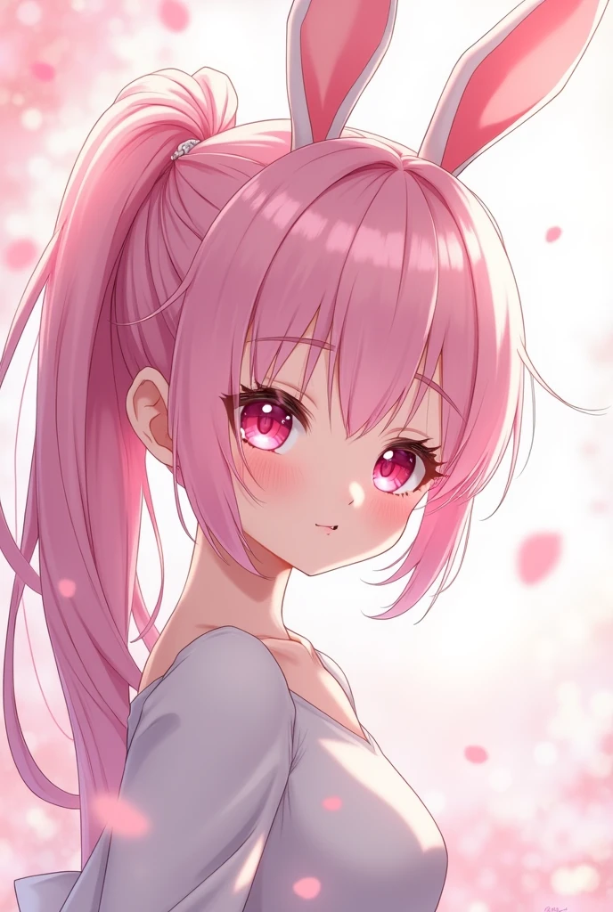 rabbit anime girl,pink eyes,long ponytail hair style, pink hair color, white skin, looking down, smirk face