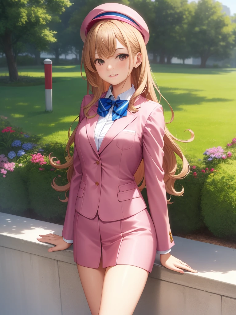 (masterpiece), Highest quality, One girl, alone, Pink Suit, Pink jacket, Cleavage, You Nature Women, Medium chest, lips, View Viewer, Are standing, Long white socks, Thigh socks, Brown Hair, Long Hair, Curly Hair, Brown eyes, whole body, White shirt, Collared shirt, smile, Mouth closed, Pink business suit,Pink hat、Blue bow tie