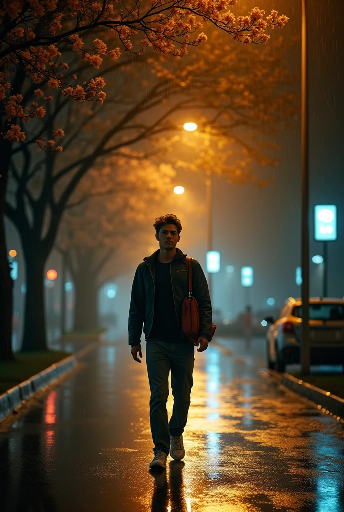 visual image or photograph,long shot photo,moonlit night ,walking in the rain.highlight the depth of field and quality, conveying a sense of happiness and a good life despite the rainy weather, young man walk alone in street with sholder bag, lantern street light, bathing in rain,tree flower in street line.